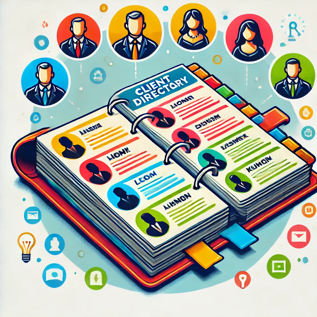 DALL·E 2024-07-10 19.49.13 – A vibrant and professional clip art illustration of a client directory. The image includes an open book or binder with tabs or sections labeled with c