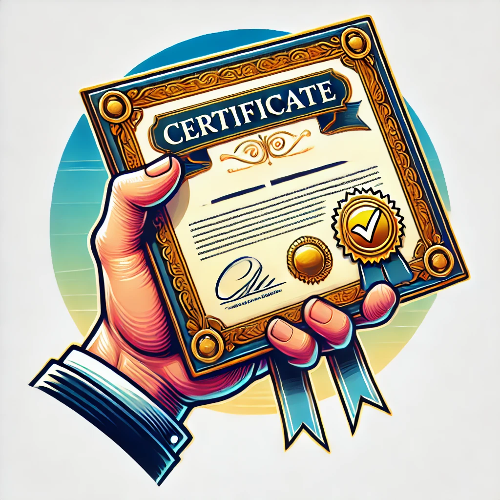 DALL·E 2024-07-10 19.50.49 – A vibrant and professional clip art illustration of a hand holding a certificate. The certificate should have a formal appearance with a gold seal or